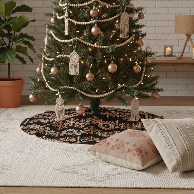 Boho Christmas Tree Skirt Copper Snowflakes Black  (Add a touch of modern bohemian style to your holiday.)