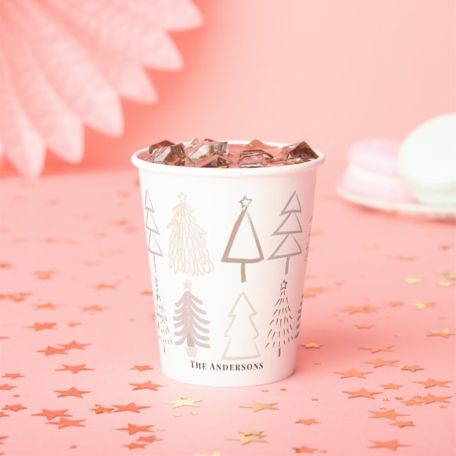 Boho Christmas Trees Dusty Pink Holiday Paper Cups (Insitu)