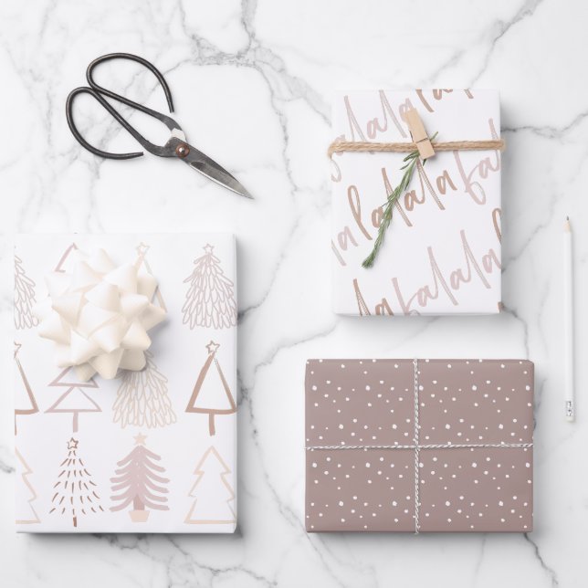 Boho Christmas Trees Falala Dusty Pink Holiday Wrapping Paper Sheet (Front)