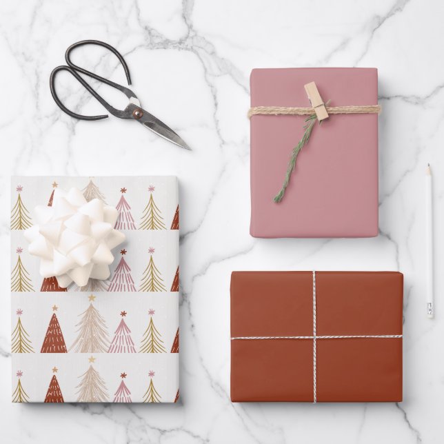 Boho Christmas Trees Gift Wrapping Paper Sheet (Front)