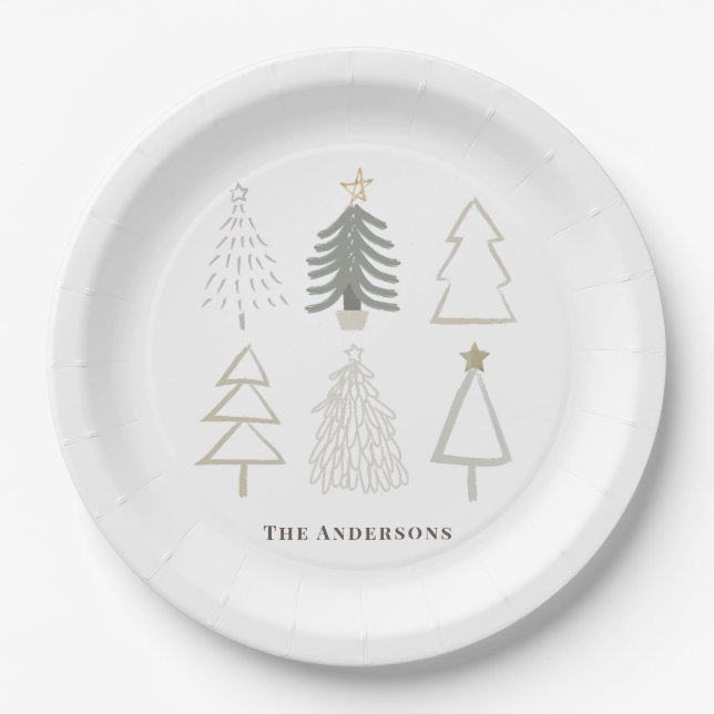 Boho Christmas Trees Green Holiday Paper Plate (Front)
