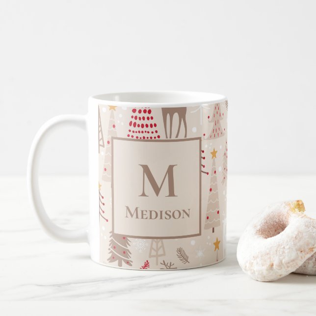 Boho Christmas Trees with Monogram and Name Coffee Mug (With Donut)