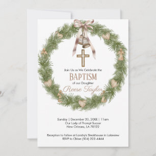 Boho Christmas Wooden Wreath Baptism Invitation