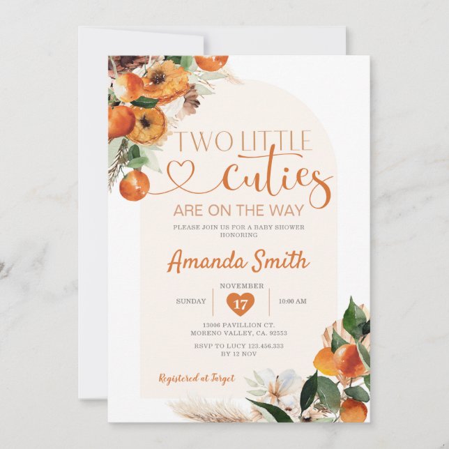 Boho Citrus Orange Two little cutie are on the way Invitation (Front)