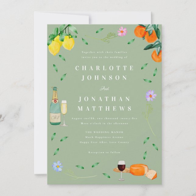Boho Citrus & Wine Sage Green Wedding Invitation (Front)