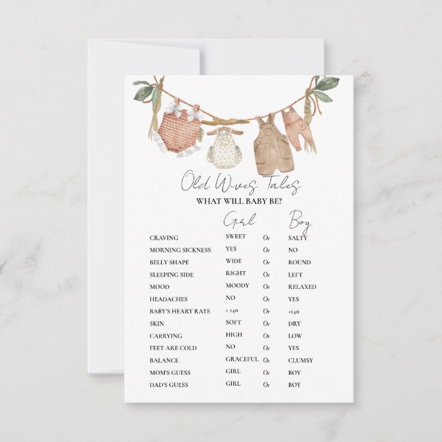 Boho Clothes Old WIves Tales Baby shower Game Card (Front)