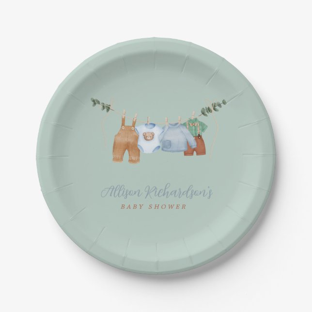 Boho clothesline boy pastel green Paper Plate (Front)