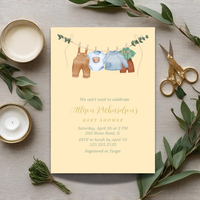 Boho clothesline boy pastel watercolor baby shower invitation (Creator Uploaded)