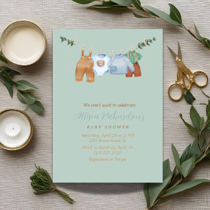 Boho clothesline boy pastel watercolor baby shower invitation