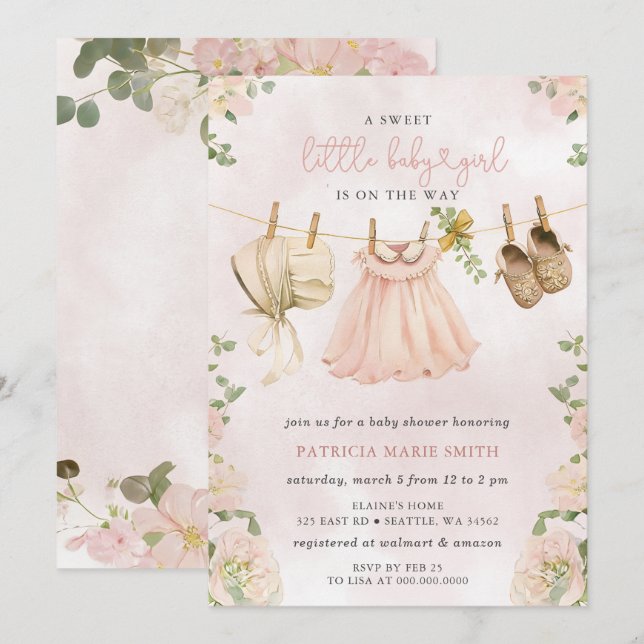 Boho Clothesline floral Girl Baby Shower Invitation (Front/Back)