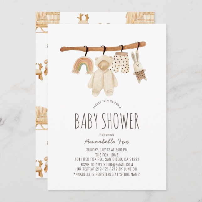 Boho Clothesline Gender Neutral Baby Shower Invitation (Front/Back)