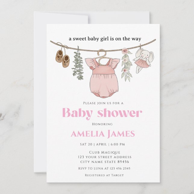  Boho Clothesline  Girl Baby Clothes  Baby Shower  Invitation (Front)