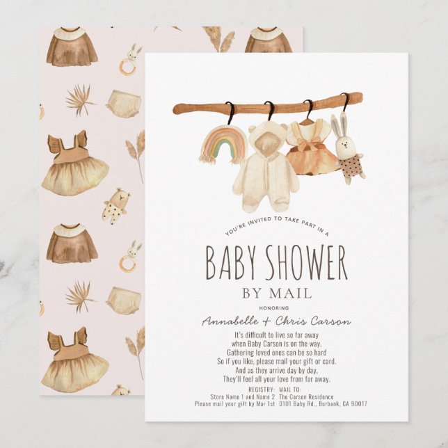 Boho Clothesline Girl Baby Shower by Mail Invitation (Front/Back)