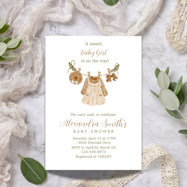 Boho Clothesline Girl Baby Shower Invitation (Creator Uploaded)
