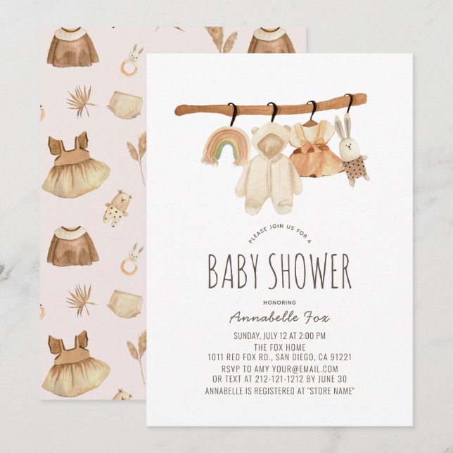 Boho Clothesline Girl Baby Shower Invitation (Front/Back)
