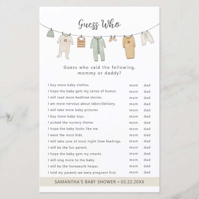 Boho Clothesline Guess Who baby shower game (Front)