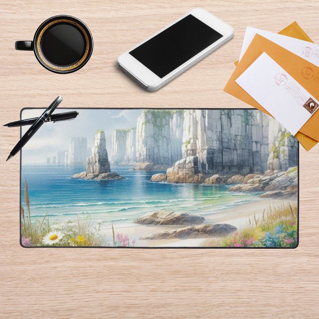 Boho Coastal Cliffs Wildflower Beach Art Desk Mat (Creator Uploaded)