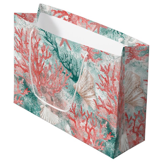 Boho Coastal Seashell Pattern Large Gift Bag (Front Angled)