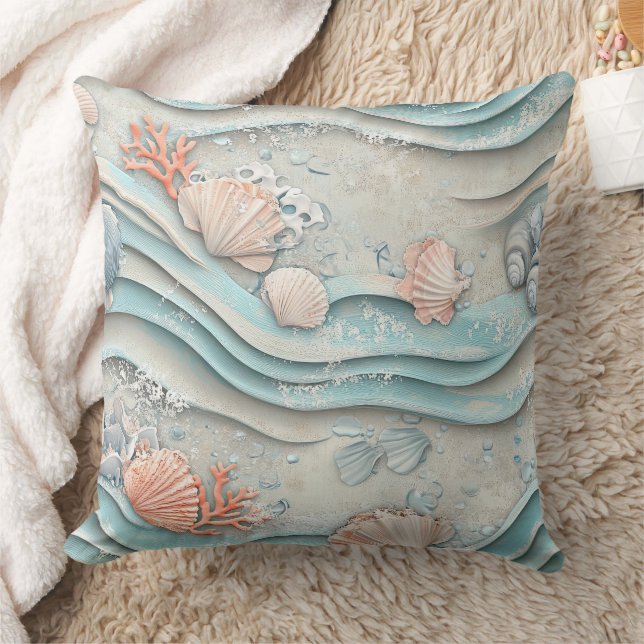 Boho Coastal Seashell Pattern Throw Pillow (Blanket)