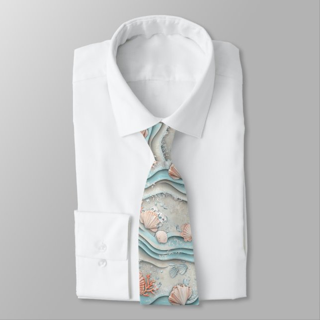 Boho Coastal Seashell Pattern Tie (Tied)