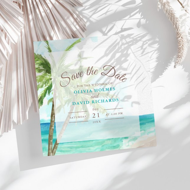 Boho Coastal Seaside Beach Wedding Save the Date (Boho Coastal Seaside Beach Wedding Save the Date on a sunny table with dry palm leaf.)