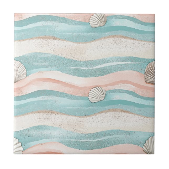 Boho Coastal Waves Seashells - Calm Beach Vibes Tile (Front)