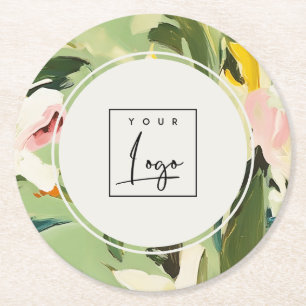 Boho Colorful Green Pink Painted Floral Logo Round Paper Coaster