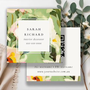 Boho Colorful Green Pink Painted Floral QR Code Square Business Card