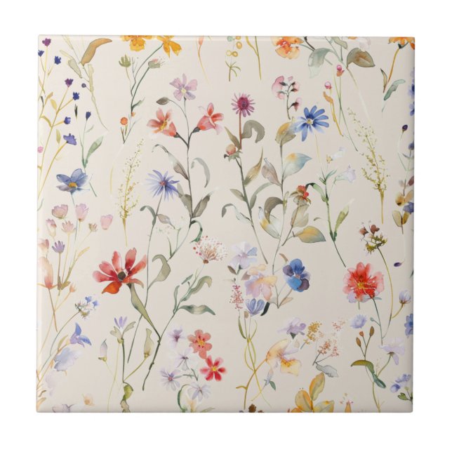 Boho Colour watercolour wild flower Tile (Front)