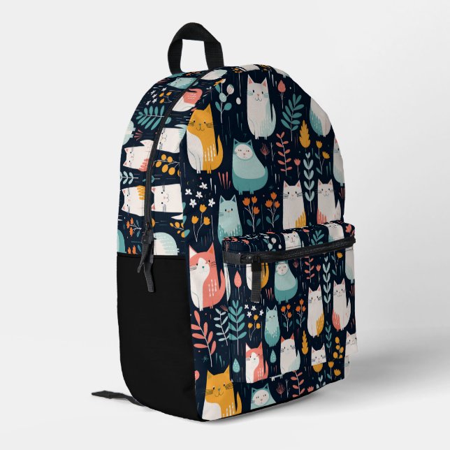 Boho Colourful Cats and Leaves Pattern Printed Backpack (Back Corner Left)