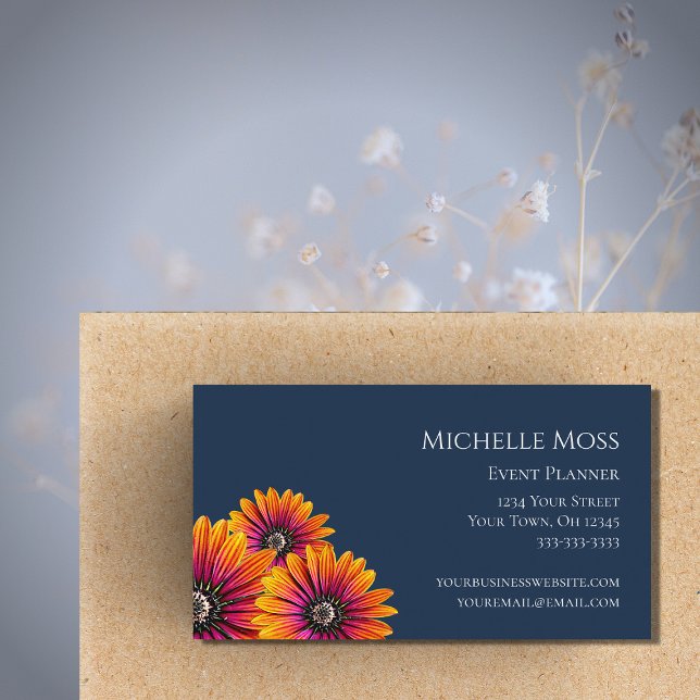 Boho Colourful Daisies Botanical Navy Blue Business Card (Creator Uploaded)