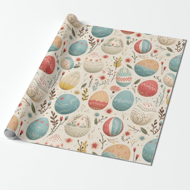 Boho Colourful Easter Eggs and Wildflowers Wrapping Paper (Unrolled)