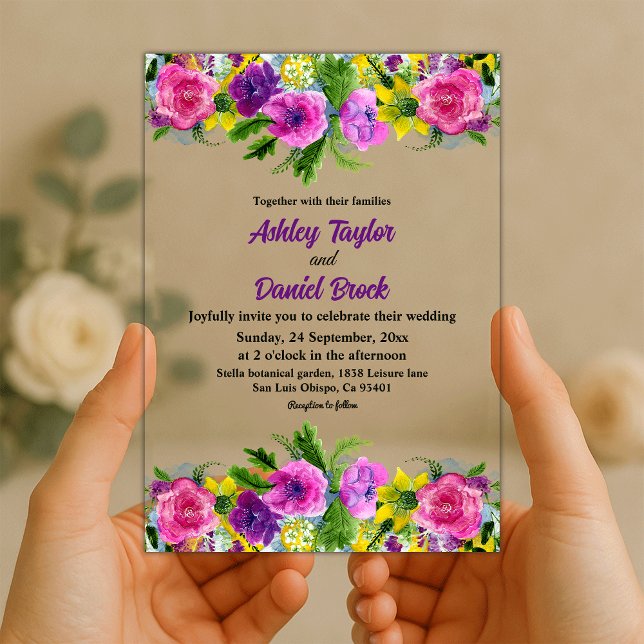 Boho Colourful Flowers Summer Floral Wedding Acrylic Invitations (Creator Uploaded)