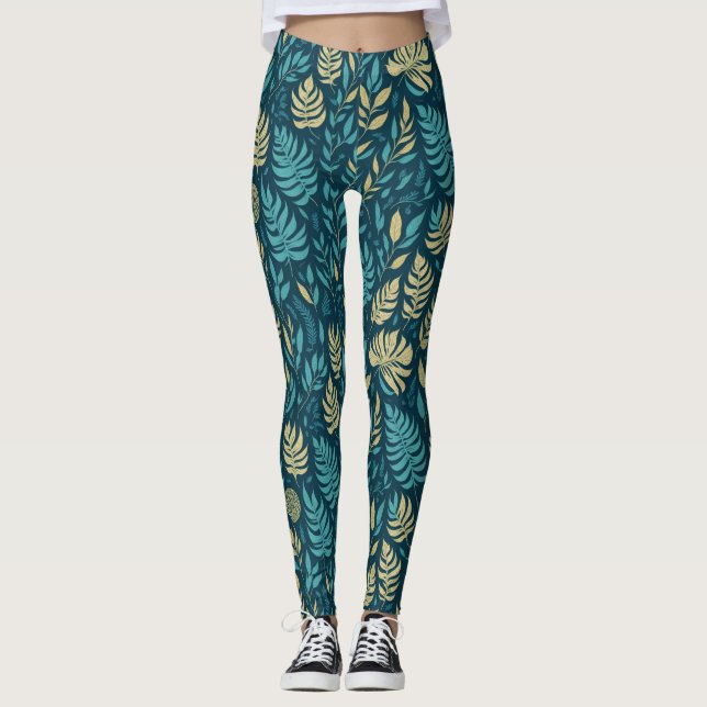  Boho Colourful Green Botanical Leaves Greenery Leggings (Front)