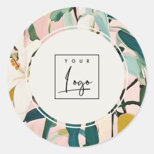 Boho Colourful Pink Teal Green Painted Floral Logo Classic Round Sticker