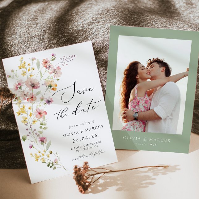 Boho Colourful Spring Whimsical Wildflower Wedding Save The Date (Wildflower meadow wedding save the date card with soft floral illustration and elegant script)