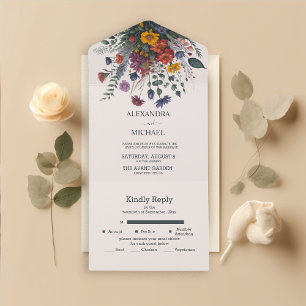 Boho Colourful Watercolor Wildflower Wedding All In One Invitation