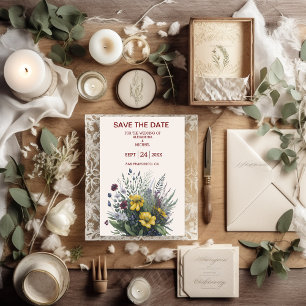 Boho Colourful Watercolor Wildflower Wedding Save The Date