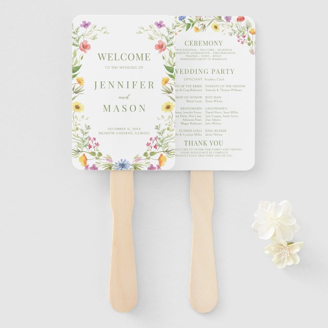 Boho Colourful Wildflower Floral Wedding Program Hand Fan (Front and Back)
