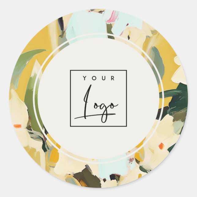 Boho Colourful Yellow Ochre Painted Floral Logo Classic Round Sticker (Front)
