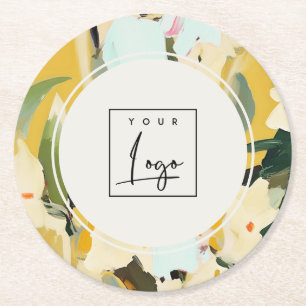 Boho Colourful Yellow Ochre Painted Floral Logo Round Paper Coaster
