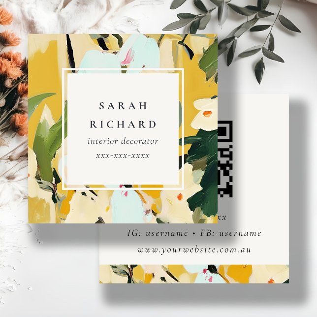 Boho Colourful Yellow Ochre Painted Floral QR Code Square Business Card (Creator Uploaded)
