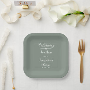 Boho Cool Sage Green White Rustic Chic Wedding  Paper Plate