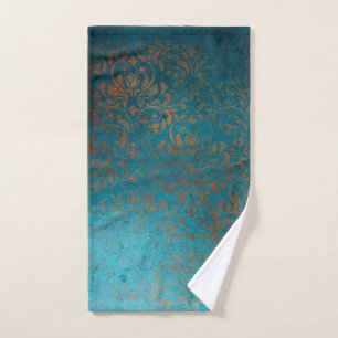 Boho Copper Blue Damask Grunge Hand Towel