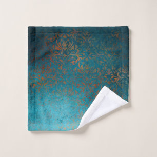 Boho Copper Blue Damask Grunge Wash Cloth