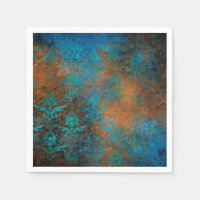 Boho Copper Blue Floral Damask Grunge