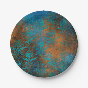 Boho Copper Blue Floral Damask Grunge Paper Plate