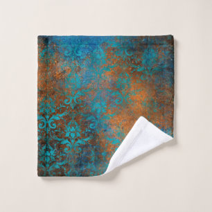 Boho Copper Blue Floral Damask Grunge Wash Cloth
