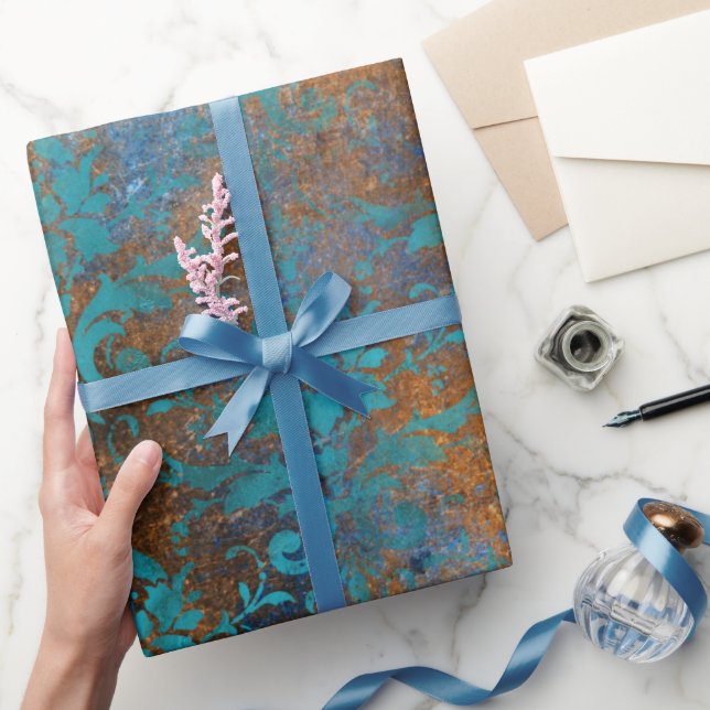 Boho Copper Blue Floral Damask Grunge Wrapping Paper (Gifting)