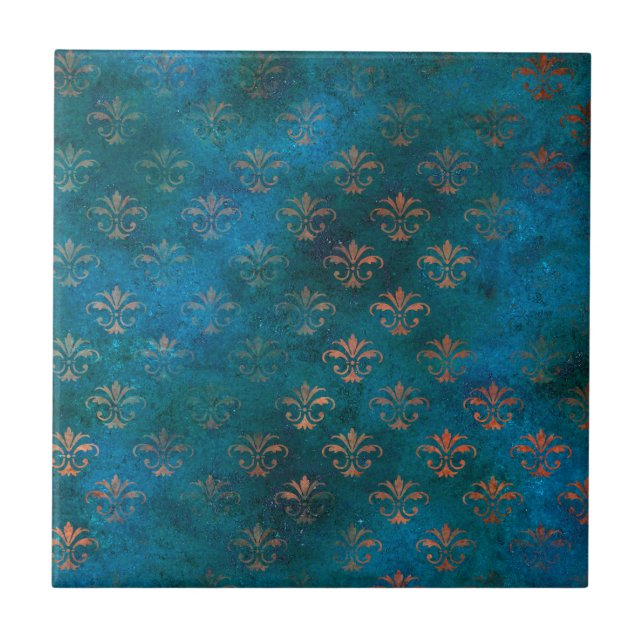 Boho Copper Blue Grunge Heraldic Floral Tile (Front)